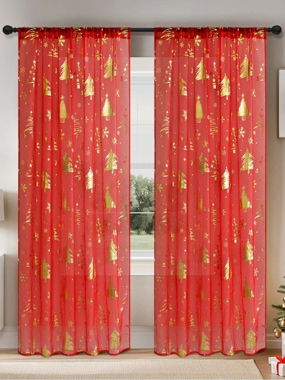 Walmart Sheer Red Gold Foil Rod Pocket Curtain Panel Pair 48”